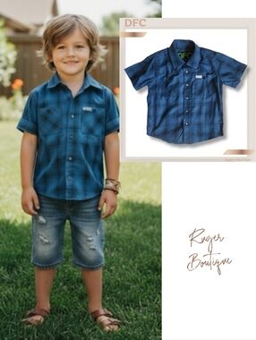 🌿DFC Youth Division Boys XS (5/6) Dark Blue Pearl Snap Plaid Dress Shirt-Nice!